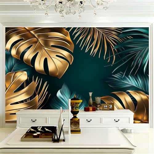 Fototapete Golden Grün Blätter 200 x 140 cm (W x H) Abstrakt Vlies Tapeten Moderne Wandtapete Wohnzimmer Schlafzimmer