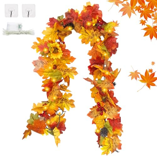 Künstliche Ahornblatt Girlande,Herbstgirlande,Herbstblätter Girlande,mit 3m 30 LED-Licht,LED Ahornblätter Lichterkette,Ahornblätter Herbstgirlande,für Innen Außen Deko,Herbstdeko