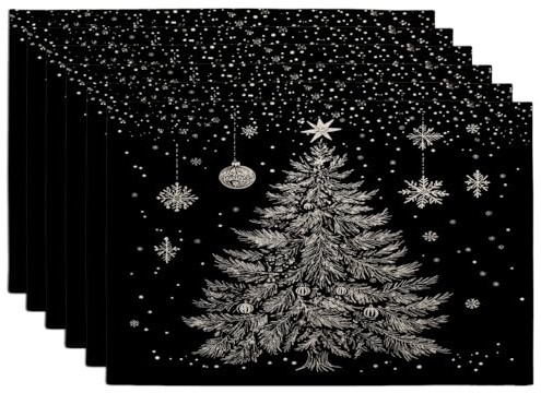 Silver Winter Christmas Tree Placemats Set of 6, 12x18 Inch, Xmas Snowflakes Balls 6Pcs Table Mats for Home Dinning, Holiday Scenic Holiday Party Kitchen Decor