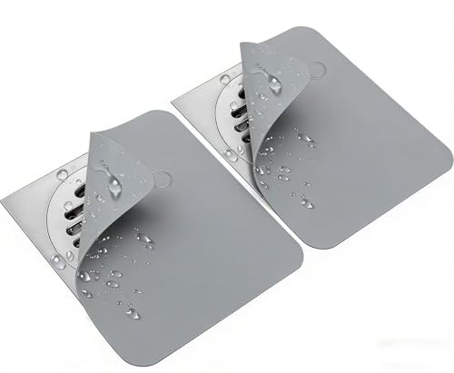 Lot de 2 couvercles de siphon de sol 20 x 20 cm – En silicone avec siphon anti-odeurs, antidérapants et anti-odeurs pour douche, cuisine, salle de bain et toilettes, gris