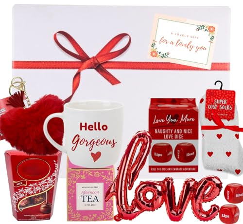 Gifts Hamper - Hello Gorgeous Mug, Chocolates, Tea, Socks, Love Balloon, Date Dice & Card - Gift Hamper for Women, Birthday Hampers for Mum, Wife, Girlfriend, Teachers Day Gifts for Women