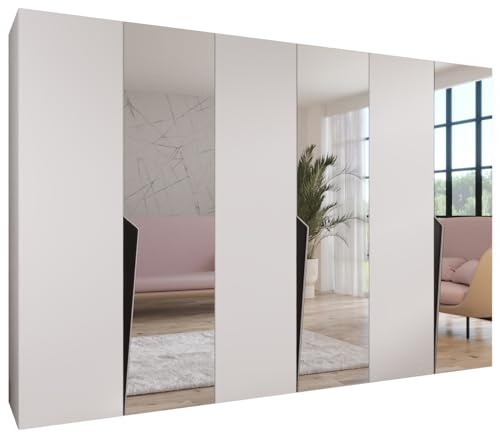 MEBLE KRYSPOL - Kleiderschrank - Garderobenschrank - 300 cm x 202 x 52 cm - Schrank mit Kleiderstange und Spiegel, 6 Türen - für Schlafzimmer, Flur - Piano, Weiß, Griff Schwarz