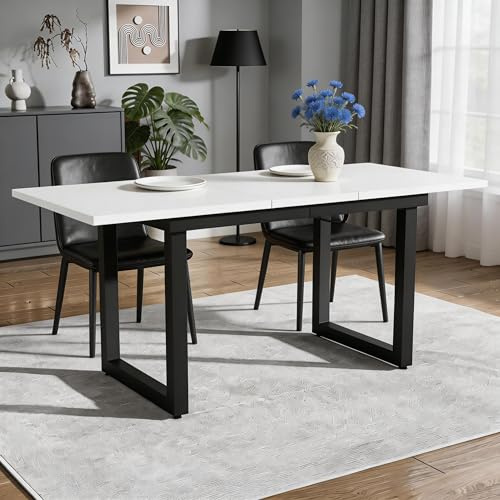 HAUSPROFI Table à manger extensible 140 x 80 x 75 cm, 140/180 cm, cadre en métal MDF aspect chêne noir, table de salle à manger rectangulaire pour salon et salle à manger, blanche