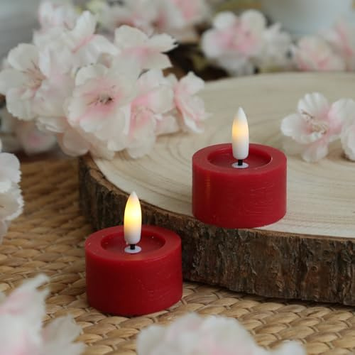 ADILINA LED Mini Teelichter Rustik-Optik rot Echtwachsteelichter mit Timer mit Batterie D: 4,5cm 2er Set (2 Teelichter klein)