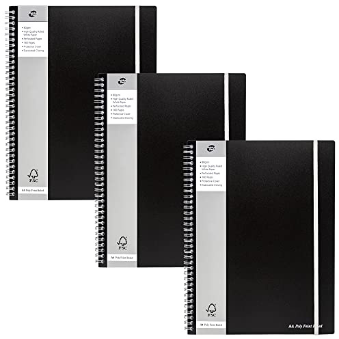 Pukka Pad, A4+ Jotta Notebook – Pack of 3 Wirebound Notepads with 160 Perforated Pages of 80GSM Paper with 8mm Lines, Margin, and 4-Hole Punch – 29.7 x 23cm, Black