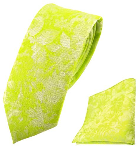 TigerTie schmale Designer Krawatte + Einstecktuch grün gelb neongrün neongelb gemustert