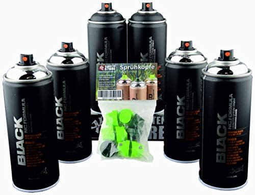 Sprühdosen Montana Black 6x400ml mit Ersatzcaps 4x chrom effect 2x schwarz Graffiti Street Art Leinwand Gestaltung