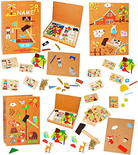 alles-meine.de GmbH 510 Teile ! XL - Hammerspiel - Eulen & Waldtiere - Bauernhof & Piraten - incl. Name - für Kinder - Klopfspiel Nagelspiel - Nagel Hammer Holz bunt - Hämm..