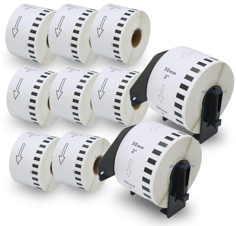 BETCKEY - 10 Rollen DK-22223 Endlosetiketten (Papier) Kompatibel mit Brother, 50mm x 30.48m, 10 Etiketten für Brother QL Etikettendrucker (2 Wiederverwendbare Etikettenhalter)
