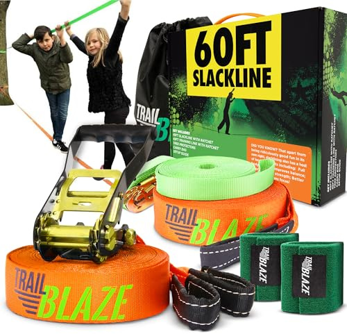 Complete Slackline Kit with Training Line - 60ft Slack Lines for Backyard for Kids and Adults, Wider Tree Protectors - Ninja Slackline Kit for Kids Outdoor Play Equipment (Complete Kit - Orange)