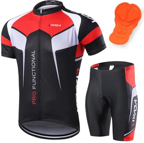 Lixada Herren Radtrikot Set Fahrrad Kurzarm Set Schnelltrocknend Atmungsaktives Shirt + 3D Cushion Shorts Gepolsterte Hose