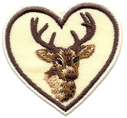 Aufnäher Bügelbild Aufbügler Iron on Patches Applikation Landhaus Wiesn Herz Hirsch 4,8 x 4,5cm Farbe: Braun-Beige