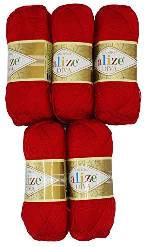 Alize 5 x 100 Gramm Wolle Diva Batik einfarbig, 500 Gramm merzerisierte Strickwolle Microfiber-Acryl (rot 106)