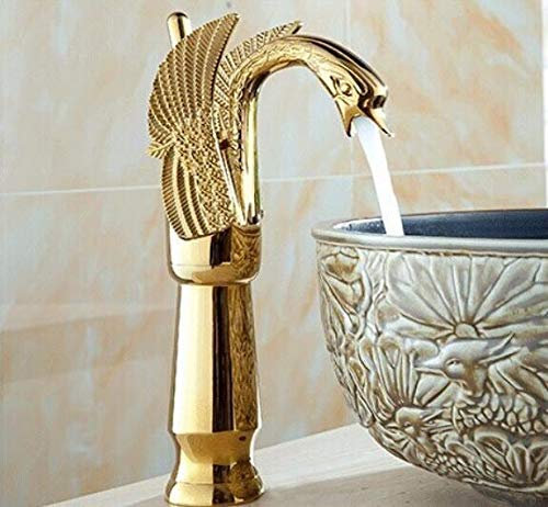 Decorry Basin Faucet High Swan Faucet Arch Design Wash Mixer Taps Brass Hot and Cold Taps Antique/Gold/Black/Chrome Single Hole Tap,Gold