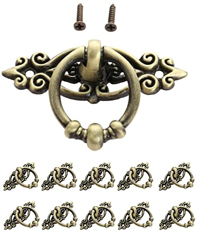 Yetaha Drawer Ring Pull Handles, 10PCS Antique Ring Pull Handle Retro Drawer knobs with Exquisite Pattern for Kitchen Cupboard Furniture 65x46mm, Antique Bronze