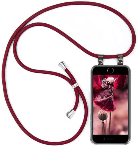moex Handykette für Apple iPhone SE (2020/2022) Hülle mit Band abnehmbar, Handyhülle mit Kette zum Umhängen, Handyband Kordel Umhängehülle, Necklace Handy Umhängeband, Weinrot