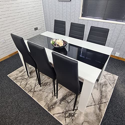 Dining Table and Chairs Set, White Black Wood Table & 6 Black Leather Chair | KOSY KOALA Dining Table & Chairs Set, White Black Wood Kitchen Table & 6 Black Faux Leather Dining Chairs - 140 x 80 x 75 cm