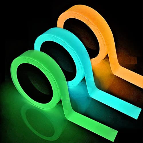 SHULLIN 3 Stück 10mm Selbstklebendes Fluoreszierendes Klebeband Wasserdicht Luminous Tape Warnband Leuchtendes Markierungsband Phosphor Klebeband für Sicherheitszeichen(grün,blau,gelb)