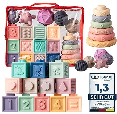 Sweety Fox Juguetes Sensoriales Montessori (23 Piezas), Silicona - Aprendizaje y la Dentadura - Mordedores, Regalo para Bebe Niños y Niñas 1 año.
