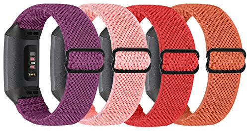SHIJZWD 4 Stück elastische Nylon-Uhrenarmbänder kompatibel mit Fitbit Charge 4/Charge 3/3 SE/4 SE, verstellbares, dehnbares Sport-Loop-Band Ersatzarmband für Damen und Herren, (lila+pink+rot+orange)