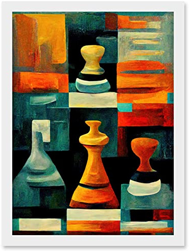 Doppelganger33 LTD Chess Board And Pieces Modern Abstract Oil Artwork Framed Wall Art Print A4