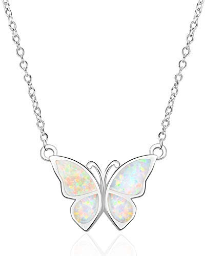 WINNICACA Schmetterling Halskette Sterling Silber Weißer Opal Choker Halskette Geburtsstein Oktober Schmuck für Frauen