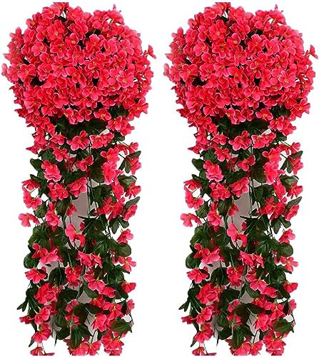 Künstlich Hängende Blumen Kunstblumen Violette Blumen Wand Glyzinien Künstliche Hängepflanzen Bunte Hängende Plastikblumen für Büro Zuhause Party Hochzeit Haus Dekoration (2PCS Hot Pink)