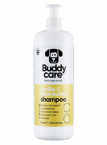 Buddycare Shampoo per cani alla vaniglia e al burro di karitè – Shampoo idratante per cani – fresco profumato – con aloe vera e pro vitamina B5 (1L)