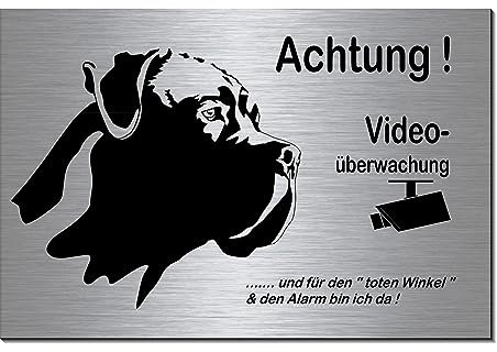 Hund Cane Corso-Video überwacht-Hund-Schild-Hundeschild- 300 x 200 x 3 mm-Aluminium-Edelstahloptik-Hunde-Tierschild-Warnschild-Hinweisschild (133-45 mit 4 Löcher)