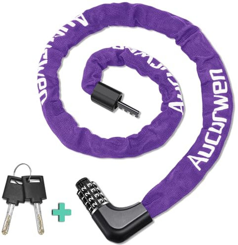 Aucurwen Bike Chain Lock, Combination & Keys 4-Digit Anti Theft Heavy Duty Bike Lock, Security Resettable Bicycle Lock for Bike, Bicycle, Electric Bike, Scooter (Purple, 4FT Long, 6mm Thick)