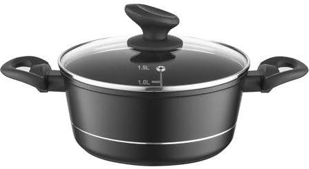 FLORINA Olla de Aluminio (1,5 l) I 18 cm I Olla con Tapa de Vidrio DELUX I Medidor y Revestimiento Antiarañazos I Cazuela Induccion I Apta para Cocina de Inducción, Gas y Eléctrica (Negra)