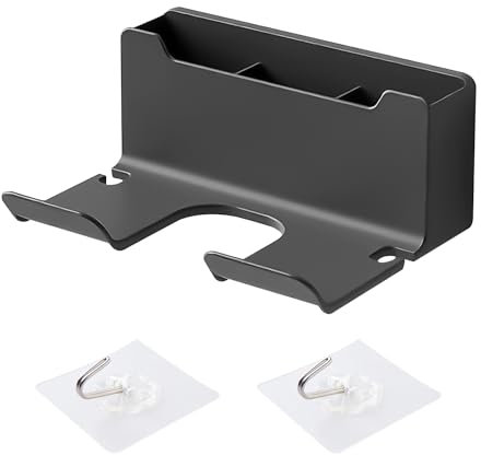 SLEEKEE 1 supporto per asciugacapelli con 2 ganci trasparenti, supporto per asciugacapelli per installazione senza foratura, supporto per asciugacapelli da bagno (nero)