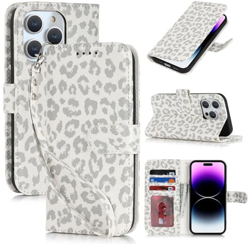 Zouzt Case for iPhone 14 Pro Max (6.7 Inch), Premium PU Leather Wallet Case with Credit Card Holder Slot Flip Folio Kickstand Shockproof Protective Phone Cover (White Leopard Pattern)