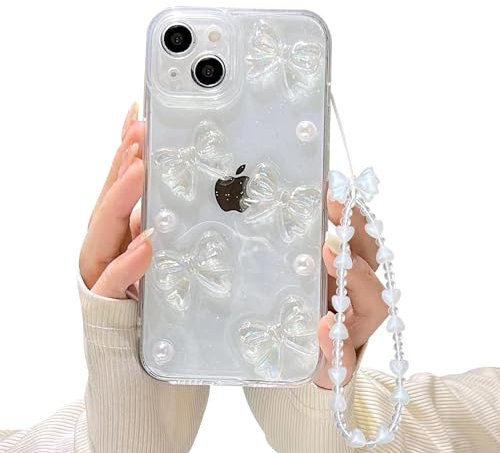 Ownest Compatible with iPhone 15 Case with Clear Cute Bling 3D Bowknots Pearl Aesthetic Patterns for Women Teen Girls, Glitter Sparkle Back and Lens Protection Phone Case Cover + Chain