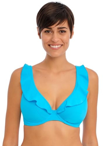 Freya - Jewel Cove Plain Turquoise Ruffled Neckline Swimsuit Top - 95G