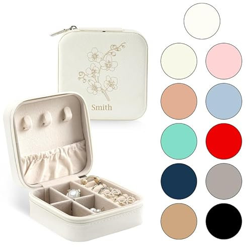 Urijk Personalisierte Schmuckschatulle für Damen,Reise Schmuckkästchen Personalisiert, Maßgeschneiderte Schmuckbox mit Ihren Initialen Namen Und Geburtsblumen,Personalisierte Geschenke für Frauen