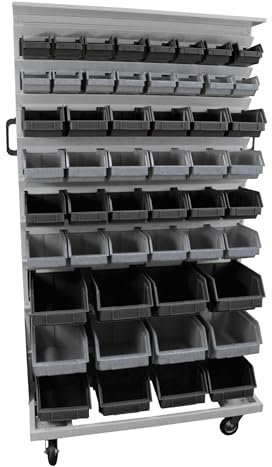 LEOMAR Werkstattregal, Zweiseitig mit 104 Stapelboxen, Mobil & Gebrauchsfertig, Regal für Werkstätten & Produktionsfirmen, Lagersystem mit Sichtlagerkästen, 67 x 94 x 156 cm, Schwarz & Aschgrau