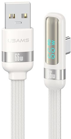 P4Y USB zu USB-C/Typ-C Kabel für schnelles Laden und Datenübertragung 66W 6A 480 Mbps mit digitaler Anzeige und L-förmigem Stecker/ 90 Grad, Lift Serie, Länge 1,2m weiß US-SJ651