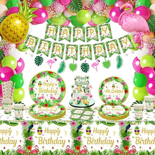 Confezione da 183 decorazioni per feste tropicali Luau hawaiane Luau forniture per feste di compleanno Aloha Decorazione per feste Aloha Set da tavola - Piatti tropicali per feste, palloncini,