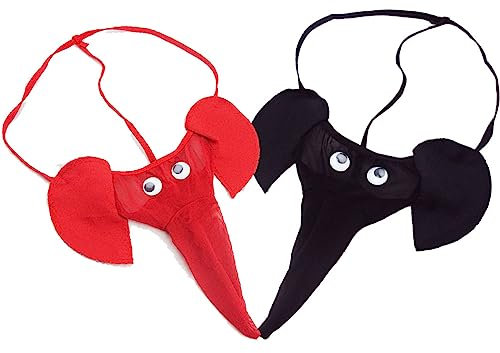 Anzhee Männer Sexy String Elefanten Thong für Herren Unterwäsche Pouch Slips Lustige G-String Mankini Unterhosen 2 Stück Rot + Schwarz