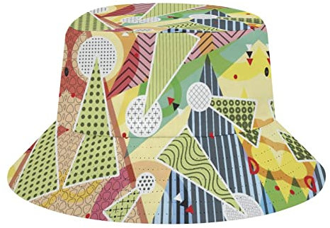 Retro 80er 90er Jahre Geometrischer Memphis Fischerhut Strand Fischerhut für Damen Herren Teenager verstaubar Sommer Sonnenhut Reise Outdoor Cap, Retro 80er 90er Jahre Geometrisches Memphis4, One size