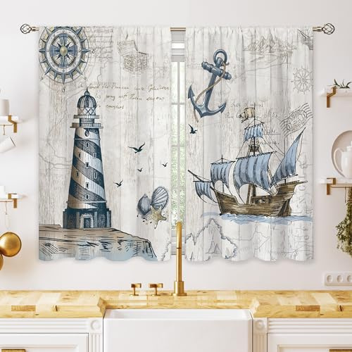oolygoo Nautical Sailboat Beach Small Kitchen Curtains Coastal Window Treatment Beach Themed Farmhouse Cafe Short Window Curtains for Bathroom Dining Room Rustic Tier Treatment Drapes 27.5x39 inch