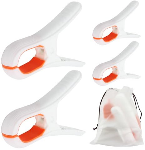 Large Beach Towel Clips for Sun Loungers, 13cm Strong Grip Sunbed Towel Clips Clothes Pegs Non-Slip Towel Pegs for Sun Lounger Washing Line Laundry Pool Chairs Sunbeds, with Drawstring Organizer(4Pcs)