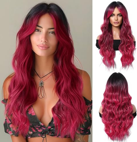 OUFEI Schwarz Ombre Rot Lange Gewellte Perücke für Frauen mit Pony Natürliches Synthetisches Haar Hitzebeständige Perücken für Tägliche Party Cosplay Wear