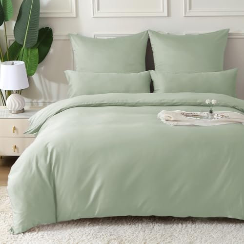 MILDLY Satin Bettwäsche 135x200 4 Teilig Baumwolle,100% Langstapelige Baumwolle Seidig Luxus Bettzeug,ÖkoTex Zertifiziert & für Allergiker Geeignet,2 Bettbezug 135x200 & 2 Kissenbezug 80x80,SalbeiGrün