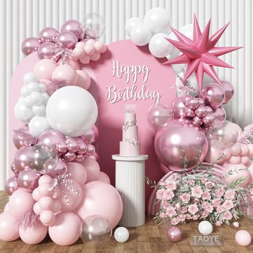 Kit d'arche de ballons roses et blancs – Ballons rose pastel et blancs avec étoiles métalliques pour les fêtes d'anniversaire et de Saint-Valentin des filles