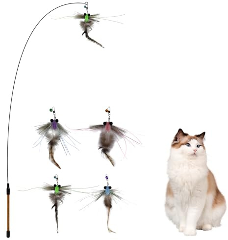 LuckyOpt Cat Wand Toy, Funny Insect Shaped Interactive CatsFeather Toys, 1 Cat Teaser Wand with 4 Feathers Refills, Feathers Stick Toy for Indoor Cats Playing and Training (A)