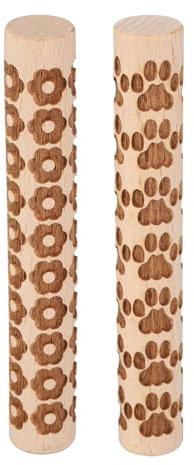 QUARKZMAN 2Pcs Rouleau a Patisserie en Bois 10cm avec Motif Fleur Empreinte de Patte, Outils de Poterie, Rouleaux à Texture de Grain de Bois pour Argile, Pâte à Modeler, Bricolage