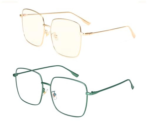 Dollger Blue Light Blocking Glasses Computer Gaming Glasses Anti Eyestrain Square Metal Clear Frame Eyeglasses for Women Men Green+Gold