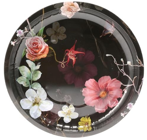Round Serving Tray Metal Food and Drinks Beverages Coffee Tray Decorative for Parties Bars Gatherings Home Breakfast Dinner Table Tray Colourful Floral Print 26cm (Design 2)
